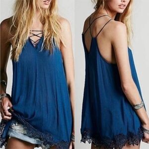 Free People Wicked Spell Tunic Mini Dress Teal Blue Boho Embroidered Size M